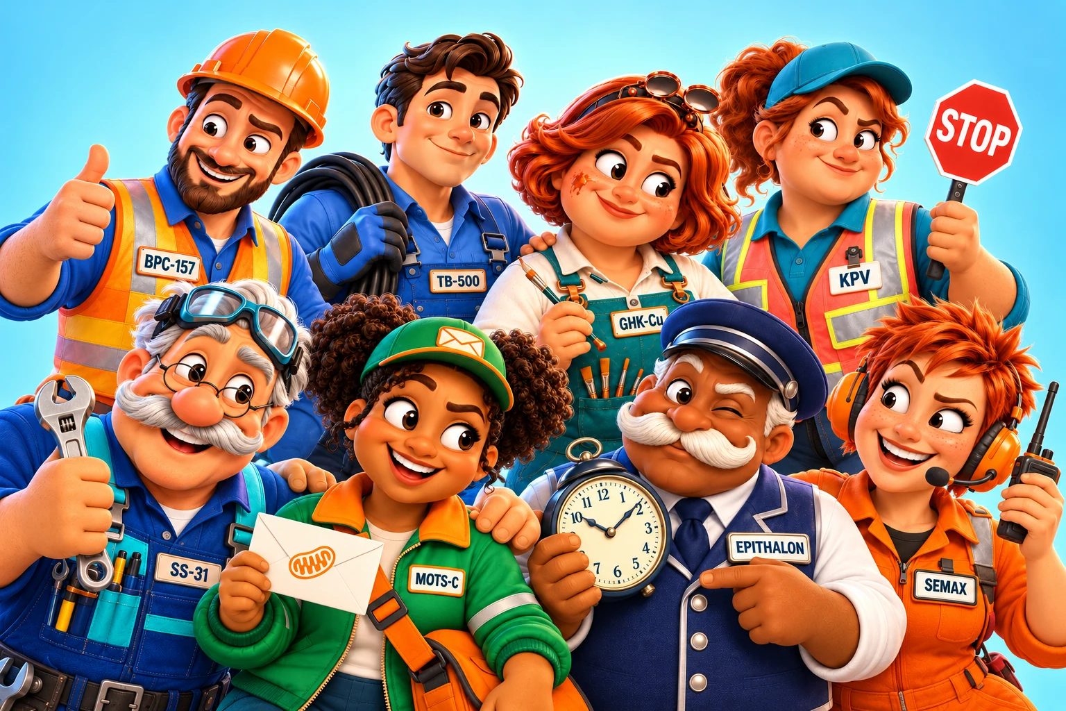 The Peptalk cartoon cast together: builders, engineers, messengers and specialists